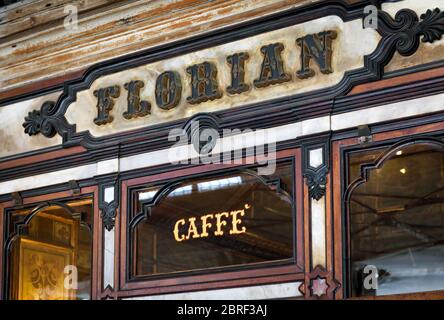 Venice, Italy – May 18, 2017: Cafe Florian on the Piazza San Marco or St Mark`s Square in Venice. It is an oldest cafe in Europe and famous landmark o Stock Photo